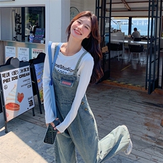 小清新复古牛仔背带裤女2024春秋新款港风休闲高腰显瘦吊带直筒裤，女装套装/套裙，慧尚2-185