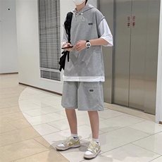 华夫格假两件套装男韩版潮2023夏季新款ins上衣宽松外套W2353-P37，男装休闲套装，星座412-2