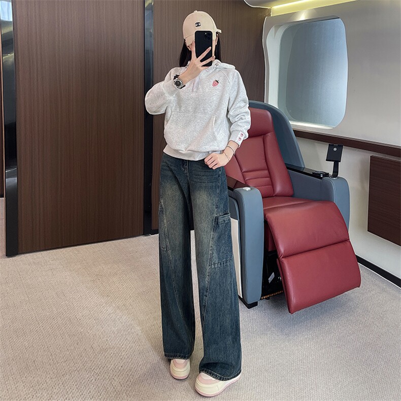 慵懒显瘦连帽卫衣阔腿衣牛仔裤两件套图片