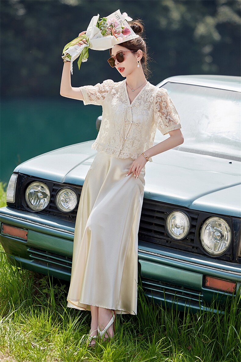 2024夏季新款小香风蕾丝上衣洋气淑女气质两件套裙,女装套装/套裙,韩蜜菓