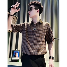 千鸟格短袖POLO衫男潮牌T恤2025新款男装上衣痞帅夏装衣服半袖帅t，男装T恤，电商B212（原钱塘6029）
