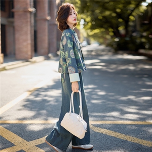新中式国风牛仔套装女2025秋新款又酷又飒的chic高级感休闲两件套图片