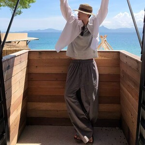 秋冬慵懒风格纹阔腿休闲裤男潮牌宽松显瘦垂感拖地直筒长裤图片