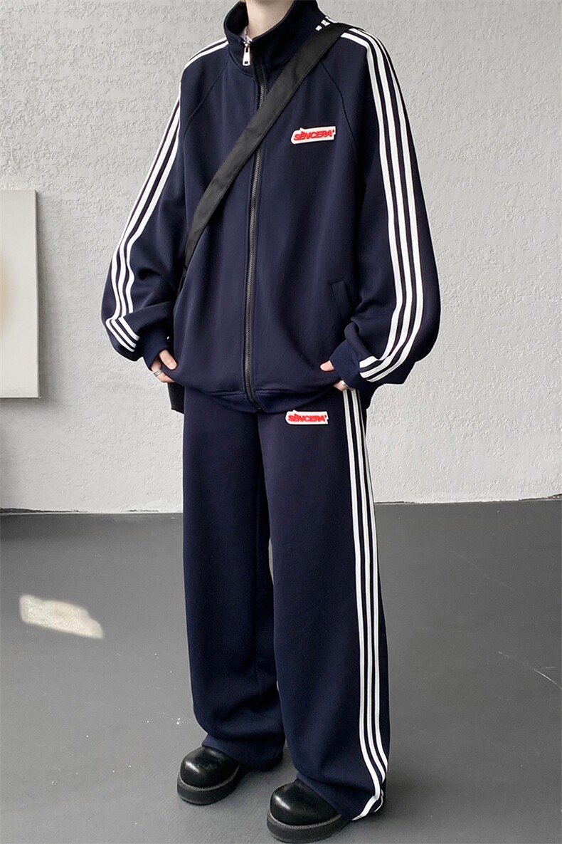 8XL-M条纹撞色开衫新年红卫衣运动套装潮牌运动服校园风TZ114P118,男装休闲套装,电商D206-1