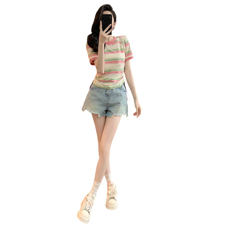 女夏季新款韩版运动休闲套装修身显瘦圆领条纹短袖牛仔短裤两件套,女装套装/套裙,江南