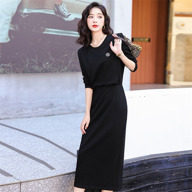 早秋长袖假两件连衣裙女2024春秋新款包臀开叉中长款打底裙子,女装连衣裙,霓裳依族