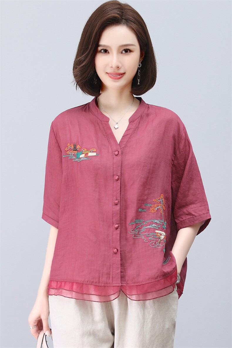 苎麻衬衫女2024夏季新款休闲T恤中年妈妈棉麻大码洋气五分袖上衣,女装衬衫,璐依舞