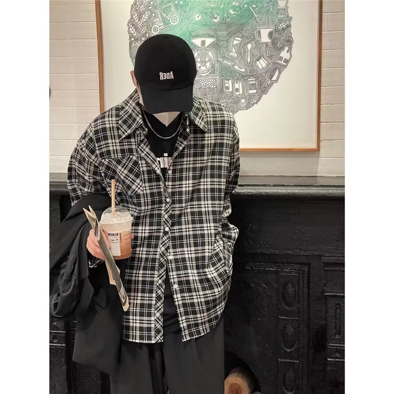 C27-P39春季新款长袖格子衬衫男款日系翻领上衣,男装衬衫,电商B323A