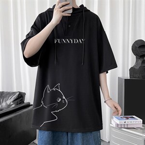 LD54149-P45 连帽短袖t恤男大码胖子带帽五分袖中袖图片