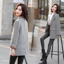 千鸟格毛呢外套女中长款欧洲站2021秋冬新款欧货加厚气质呢子大衣，女装毛呢外套，辉之琳