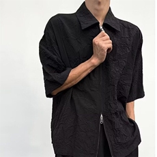 夏季新款美式复古拉链褶皱短袖衬衫男设计感小众高级感痞帅，男装衬衫，星座506A