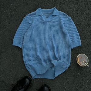24M05-P50 现货 男女高街ins潮流夏季短袖套头毛衣蓝色半袖上衣图片