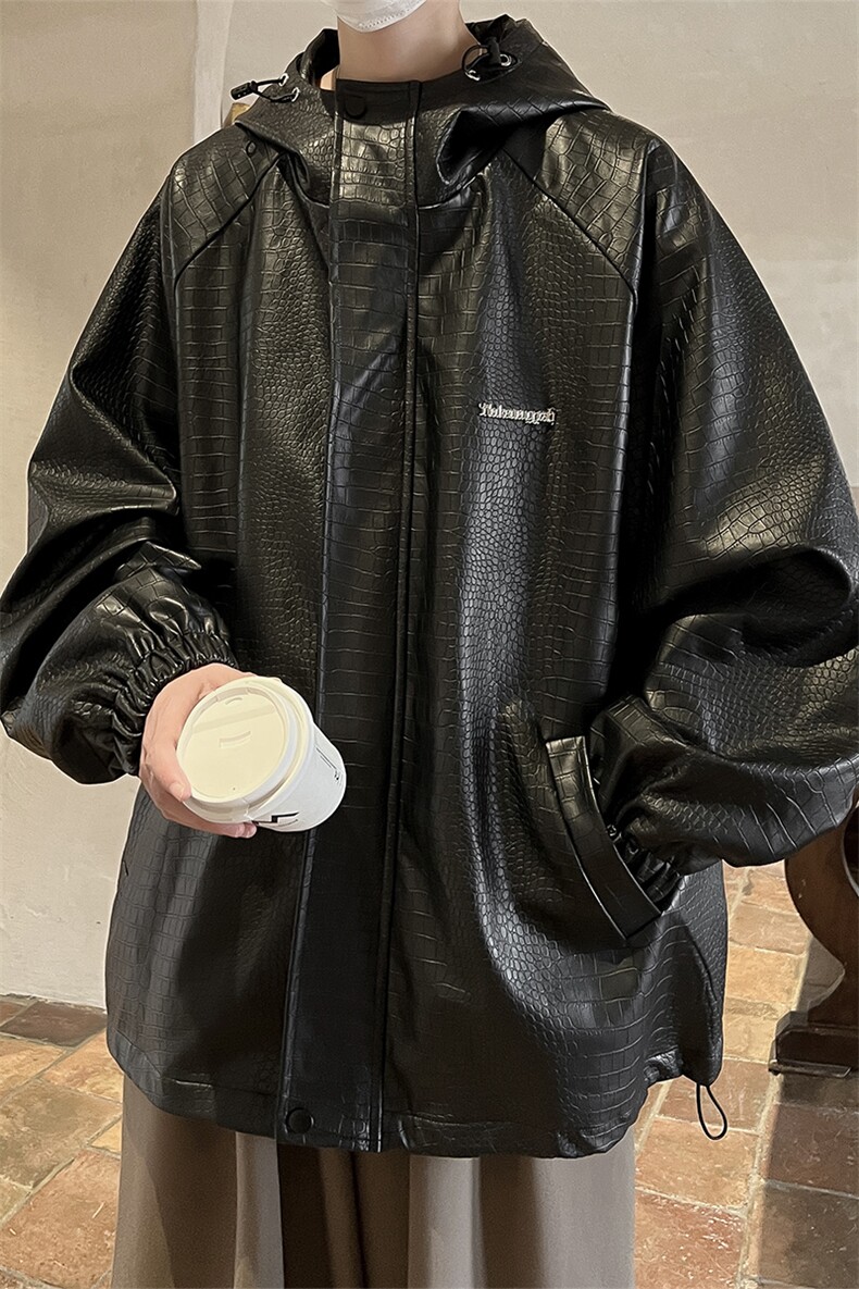 港风连帽大码大皂风夹克男鳄鱼纹皮衣冲锋衣夹克男JK8744P90控128,男装夹克,星座226-1