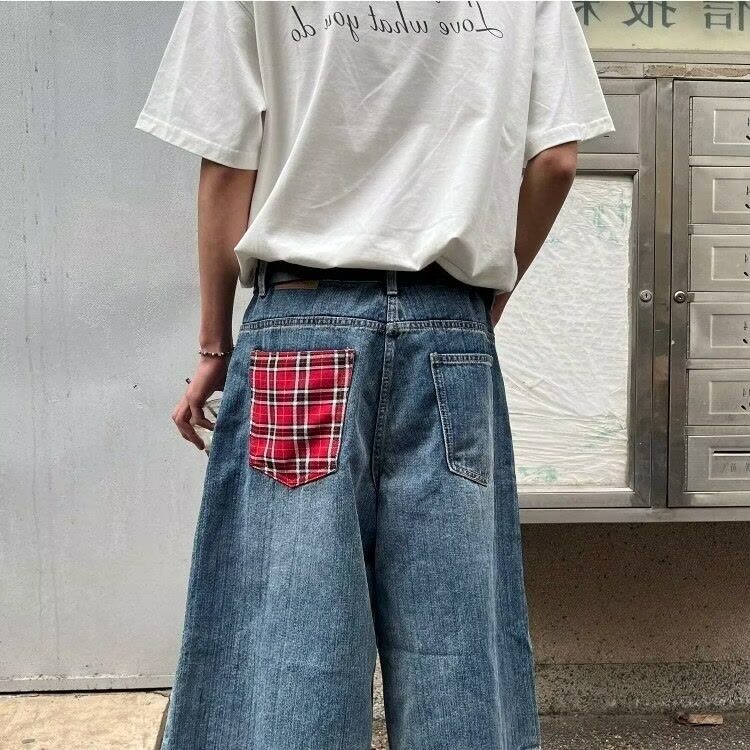 美式格子口袋阔腿夏季复古七分水洗宽松裤子牛仔七分裤男女牛仔裤,男装牛仔裤,星座506A