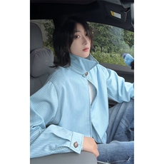 松弛极简蓝白条纹翻领开衫大码短款长袖夹克男J5284-特P58控108，男装夹克，电商A001-1