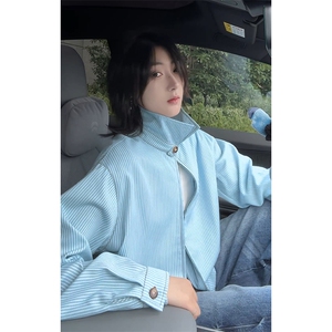松弛极简蓝白条纹翻领开衫大码短款长袖夹克男J5284-特P58控108图片