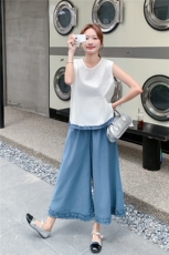 韩版温柔甜美木耳边背心套装女2025夏季新款显瘦撞色阔腿裤两件套，女装套装/套裙，慧尚2-185