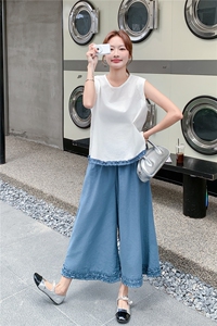 韩版温柔甜美木耳边背心套装女2025夏季新款显瘦撞色阔腿裤两件套图片