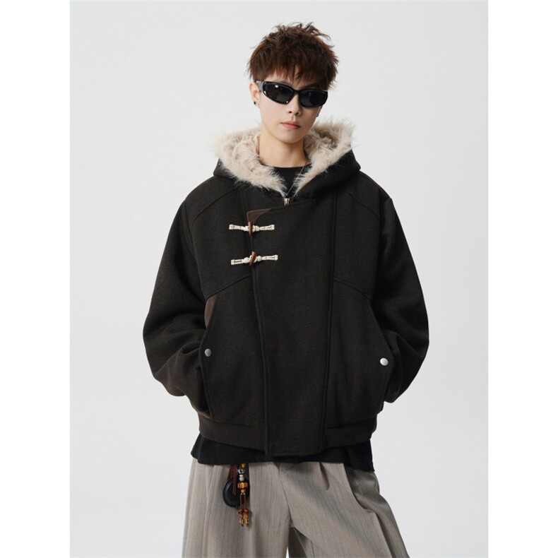 706-LK8732-P148现货冬季软糯牛角斜门襟牛角扣毛呢棉服外套，男装棉衣，星座706