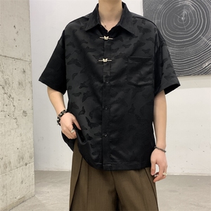 夏装2025小众提花新中式复古男女小众金属扣休闲短袖无性别衬衫,牛仔九分哈伦裤搭配女图片