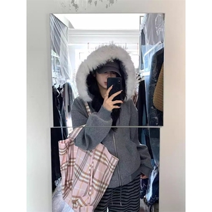 美式高领纽扣连帽卫衣女2025秋季潮牌宽松小众设计感休闲慵懒外套