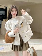 白色软糯双排扣羊羔毛外套女秋冬皮毛一体减龄甜美风温柔棉服爆款，女装毛呢外套，2C087
