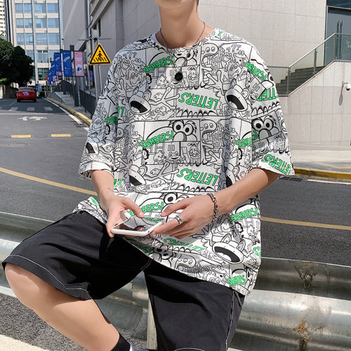 夏季港风T恤男宽松满印花中性风t恤情侣款DS-A160-1-T106-P30，男装T恤，电商C323-1