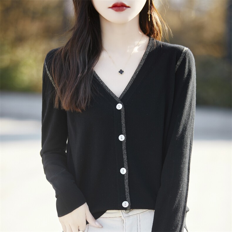 金银丝开衫女针织薄款羊毛衫v领长袖毛衣春秋季新款外套短款外搭，女装羊毛衫，戎美山