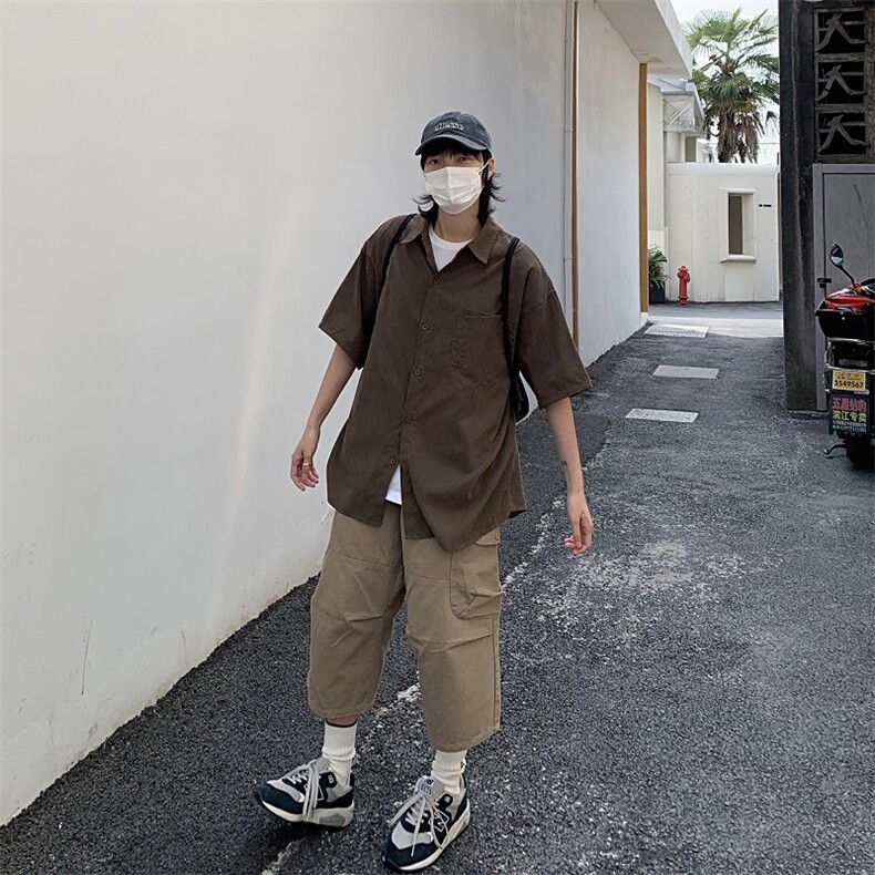 2024夏季新款日系复古纯色休闲短袖衬衫C3203,男装衬衫,电商A138B