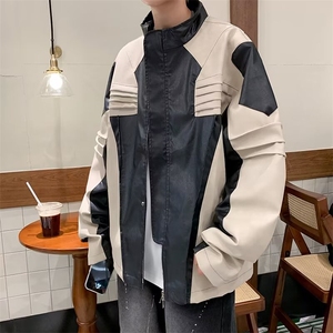 男春秋韩版潮流潮牌港风宽松拼接撞色休闲皮衣上衣服外套图片