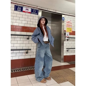 秋季竹节解构宽松弯刀牛仔裤男女美式复古水洗阔腿新款休闲长裤图片