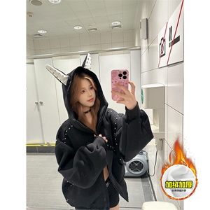 480G重磅加绒硬挺boxy男女美式高街卫衣铆钉杜宾犬耳朵开衫厚外套图片