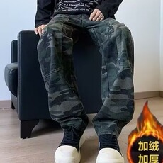 迷彩工装牛仔裤男秋冬美式复古宽松加绒百搭休闲直筒裤N7007加绒，男装牛仔裤，星座506