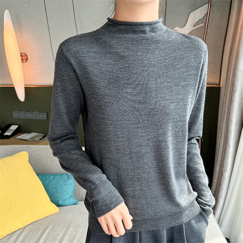 长袖半高圆领纯色气质简约百搭2025年春季羊毛针织衫，女装羊毛衫，高粱穗羊绒