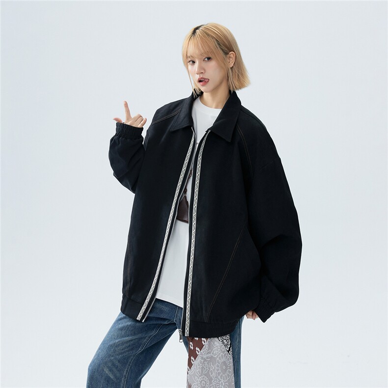 2026新款美式复古织带夹克宽松翻领外套情侣休闲上衣W364TP75图片
