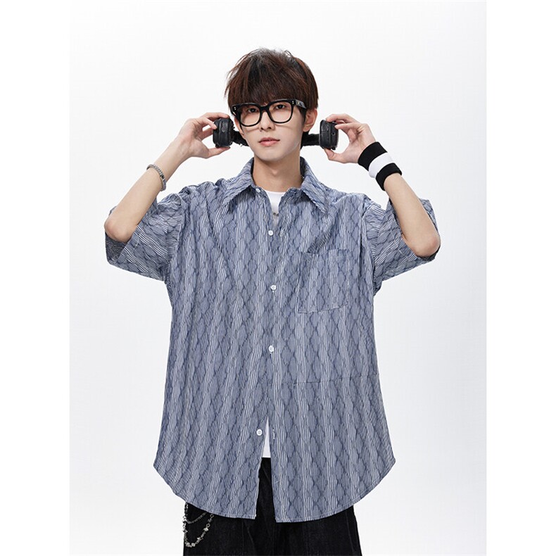 曲线条纹五分袖衬衫男KD684-P50,男装T恤,电商D312-1