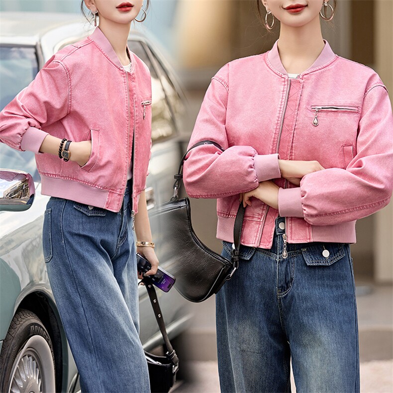 现货时髦做旧复古PU皮衣夹克外套女小个子2024新款短款立领机车服,女装皮衣,潮流依族