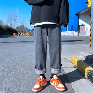 春季新款牛仔裤男潮牌宽松直筒翻边格子休闲裤bf港风长裤9055-p45图片