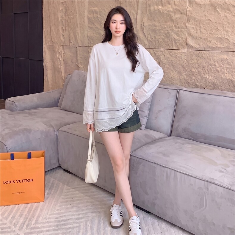 高级感时尚潮流套装女夏季款宽松圆领镂空花边上衣牛仔短裤两件套,女装套装/套裙,江南
