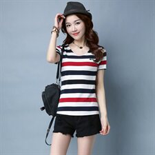经典2025年夏季短袖常规修身拼接圆领粗横条纹T恤，女装T恤，板酷
