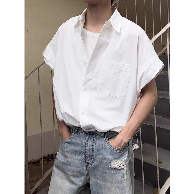 wassuphappy翻领工装短袖衬衫男士夏季薄款潮牌宽松衬衣休闲外套,男装T恤,星座506A