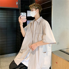 日系复古宽松短袖衬衫男工装外套衬衣中性小众上衣C02212-P38，男装衬衫，星座308B-2