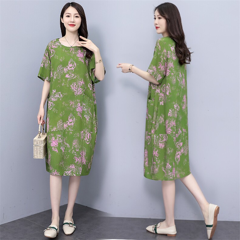 夏季新款大码女装胖mm宽松显瘦遮肚碎花连衣裙中长款妈妈裙子,女装连衣裙,妃曼