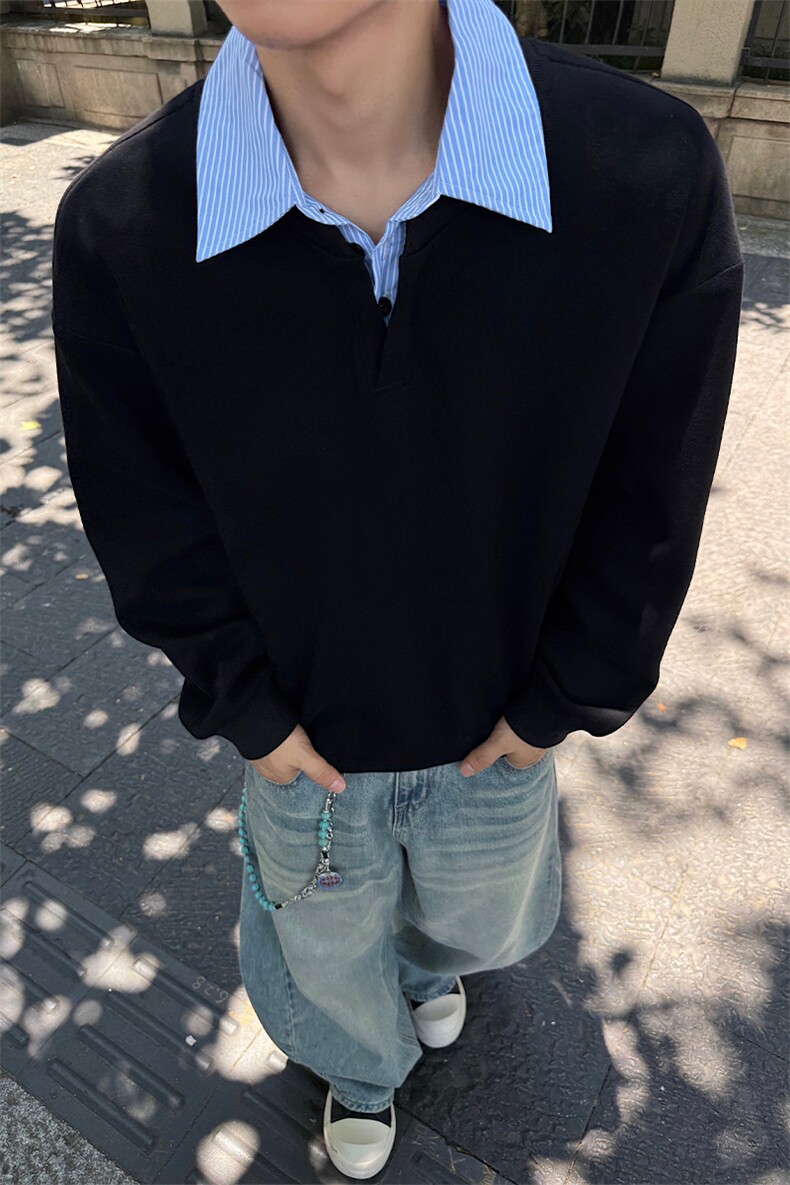 特批P40无差价420g重磅条纹拼接港风假两件Polo领大码卫衣男W5432,男装卫衣,电商A001