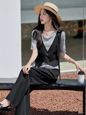 （现货）时尚套装女气质通勤T恤拼接背心马甲阔腿裤工装两件套，女装套装/套裙，韩蔻秀