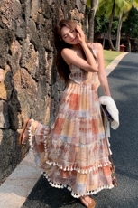 2025夏季新款长袖开衫印花吊带裙两件套潮复古民族风连衣裙套装女，女装套装/套裙，2C299