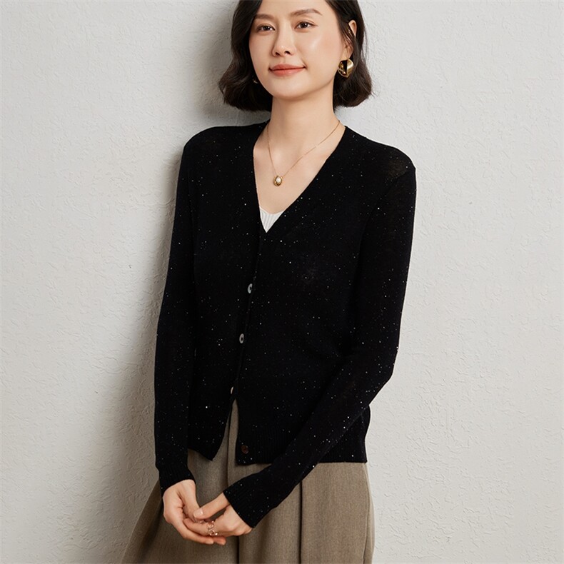 女士珠片V领羊毛开衫外套,针织衫/毛衣,臻维羊绒