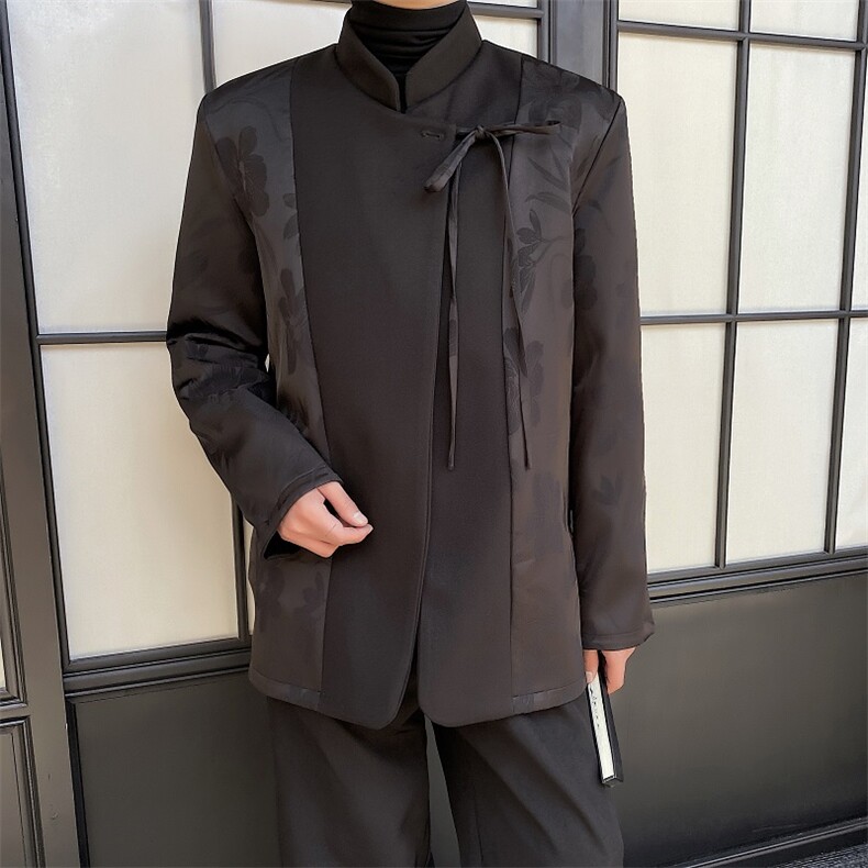 冬季加厚缎面提花中式立领两面穿外套复古风毛呢大衣,男装毛呢大衣,电商A246