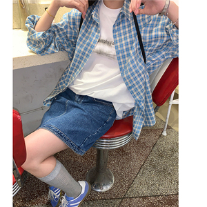 TC675-p45 撞色日系格纹衬衫女早秋复古宽松休闲长袖外套图片