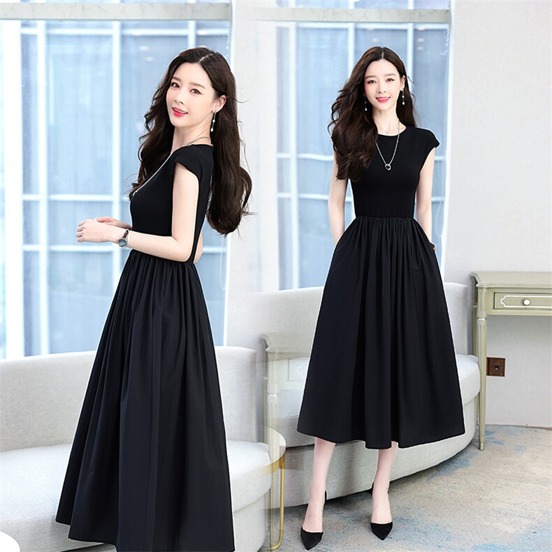 高级感赫本风小黑裙法式连衣裙2025夏新款短袖针织拼接显瘦女长裙，女装连衣裙，星期衣